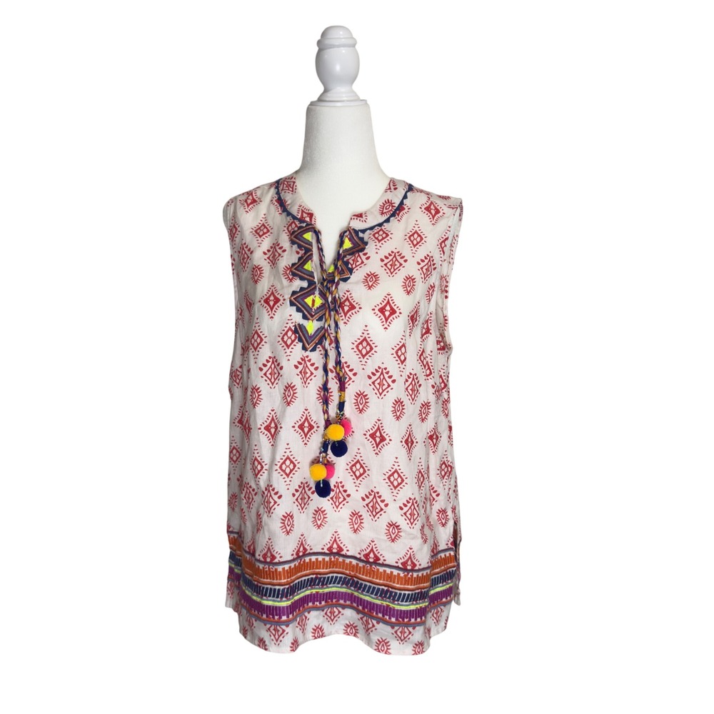 Chelsea & Theodore Linen Tunic Top Red Geometric Print Embroider Boho Sleeveless